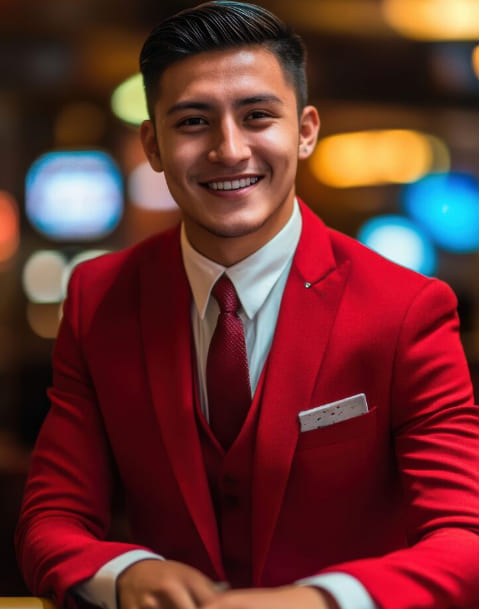 Adult man in a red suit smiling at the camera